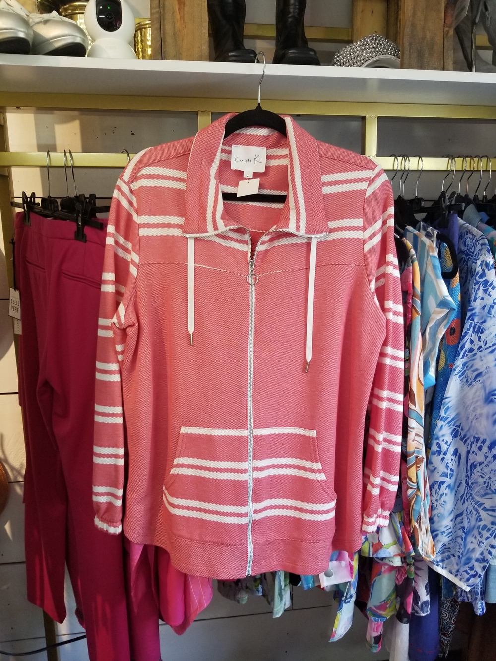 Casual Zip-Front Pink Striped Hoodie